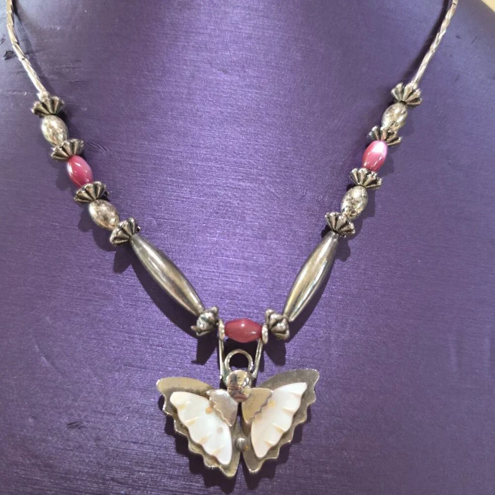 1980's Soutwestern Handmade MOP Butterfly Pendant Pink Silver Beaded Necklace